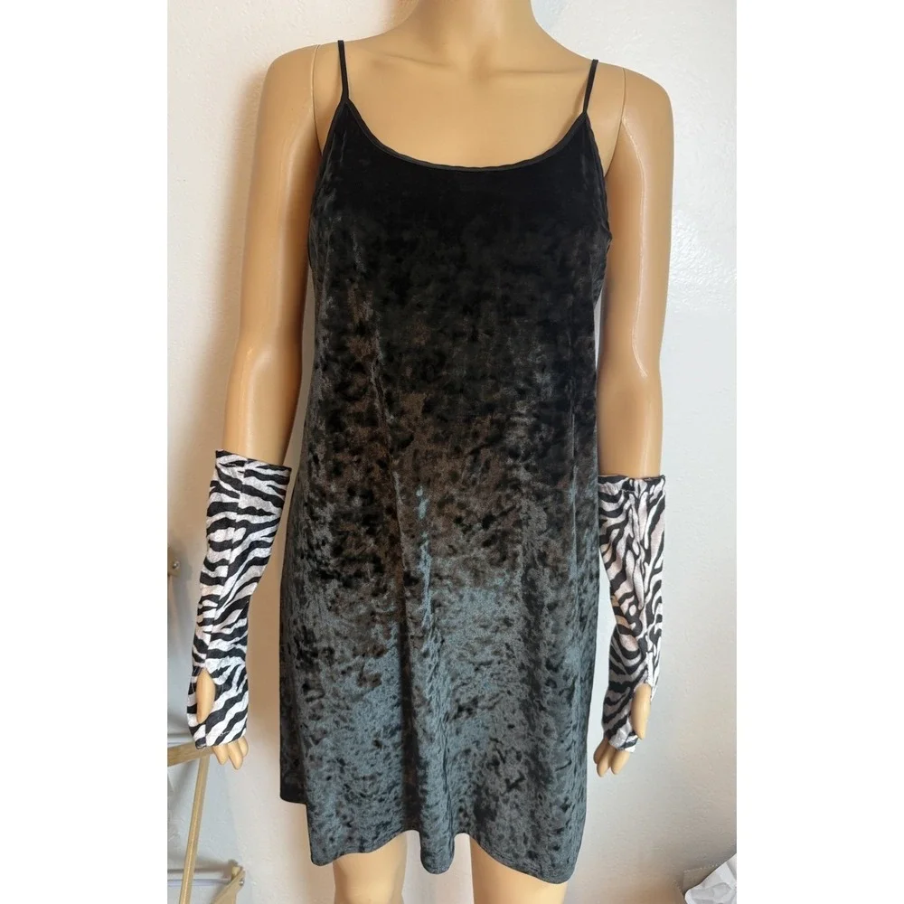 Goth Y2K Zebra Print Crushed Velvet Arm Sleeves Fingerless Thumb Hole Gloves